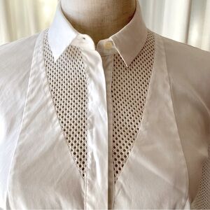 Akris Punto | White Cotton Button Down with Mesh/Netted Detail | Small